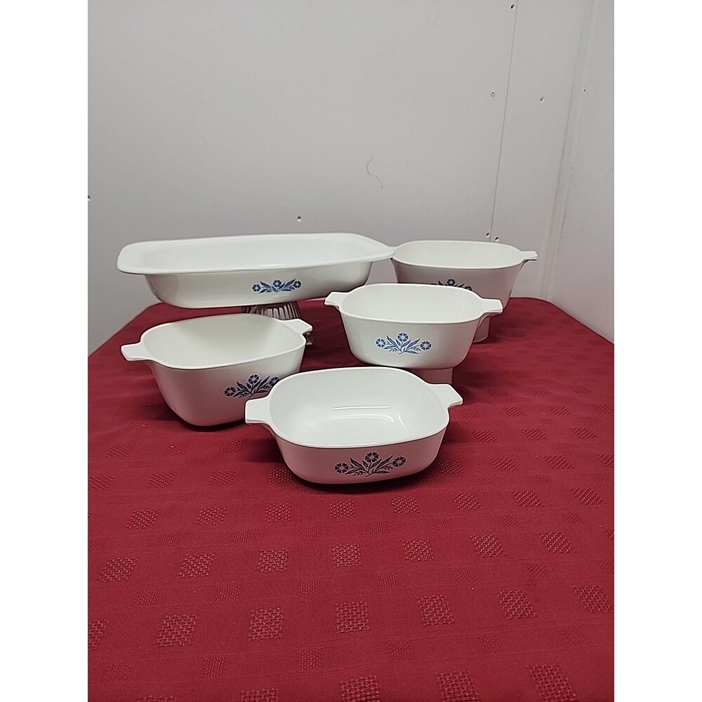 CorningWare Blue Cornflower 5 Pc Set W Rosster And 4 Casseroles No Lid 1966-1969